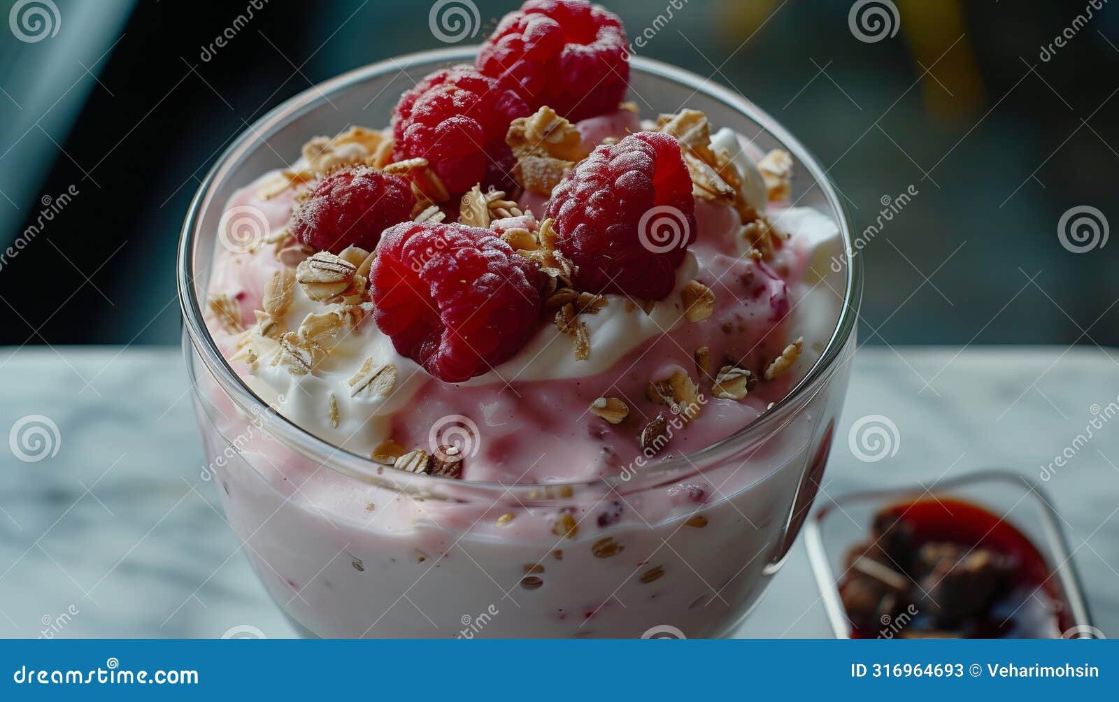 freshness and sweetness in a bowl of raspberry yogurt parfait