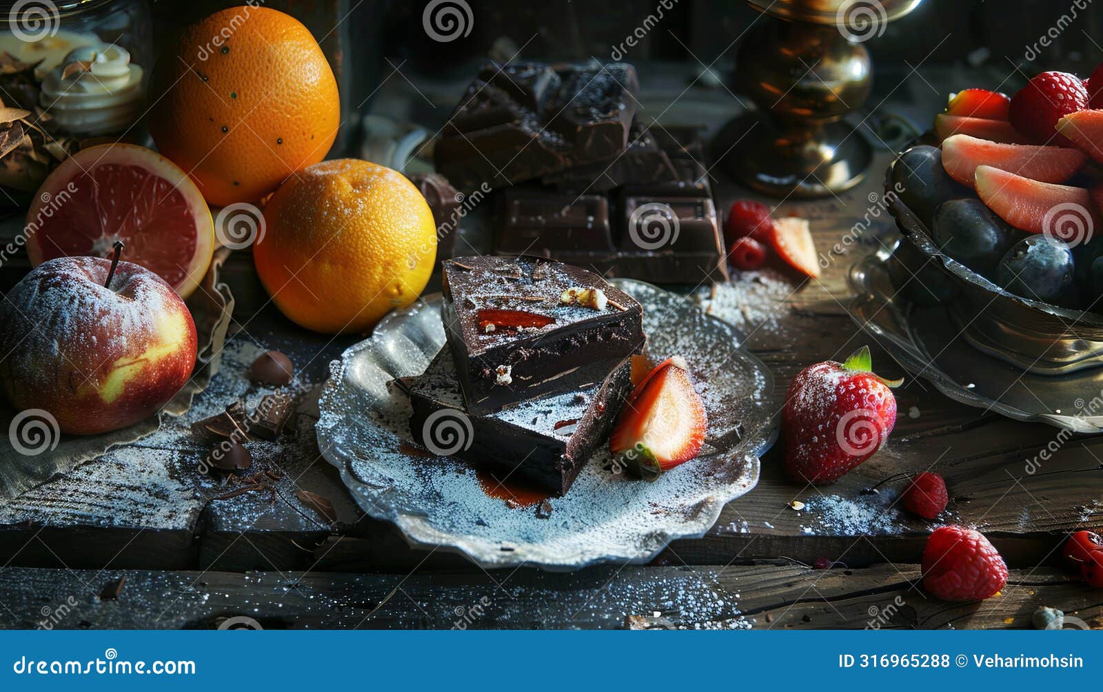 freshness and sweetness on a rustic table food, chocolate, dessert, fruit