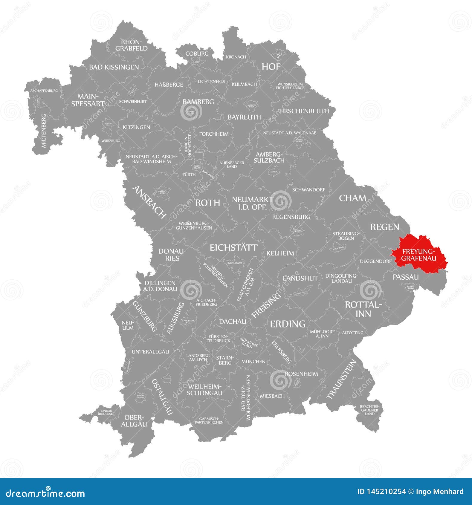 freyung-grafenau county red highlighted in map of bavaria germany