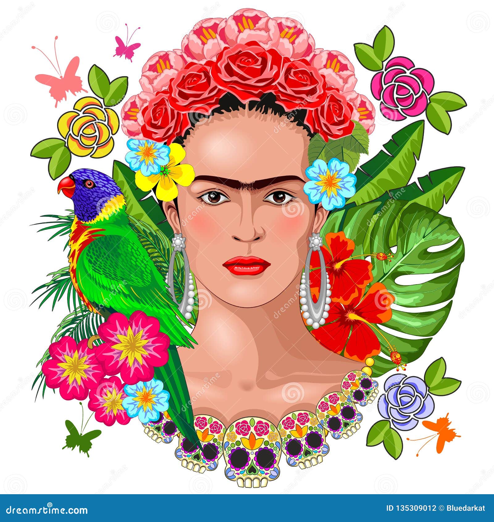 frida kahlo floral exotic portrait on white  
