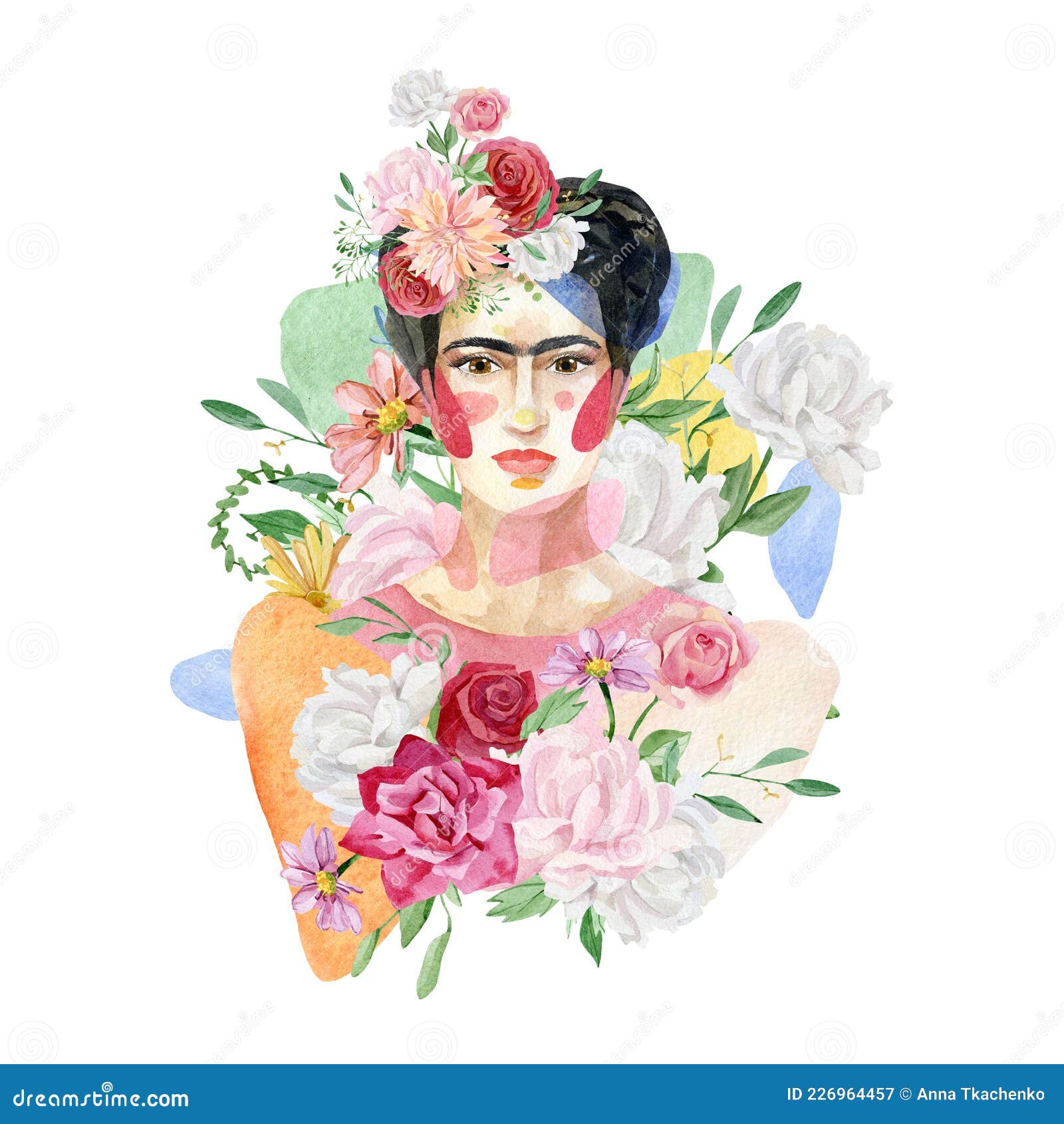 frida kahlo. hand painted portrait of a mexican woman with bright bouquets. a female art figure with flowers and s.