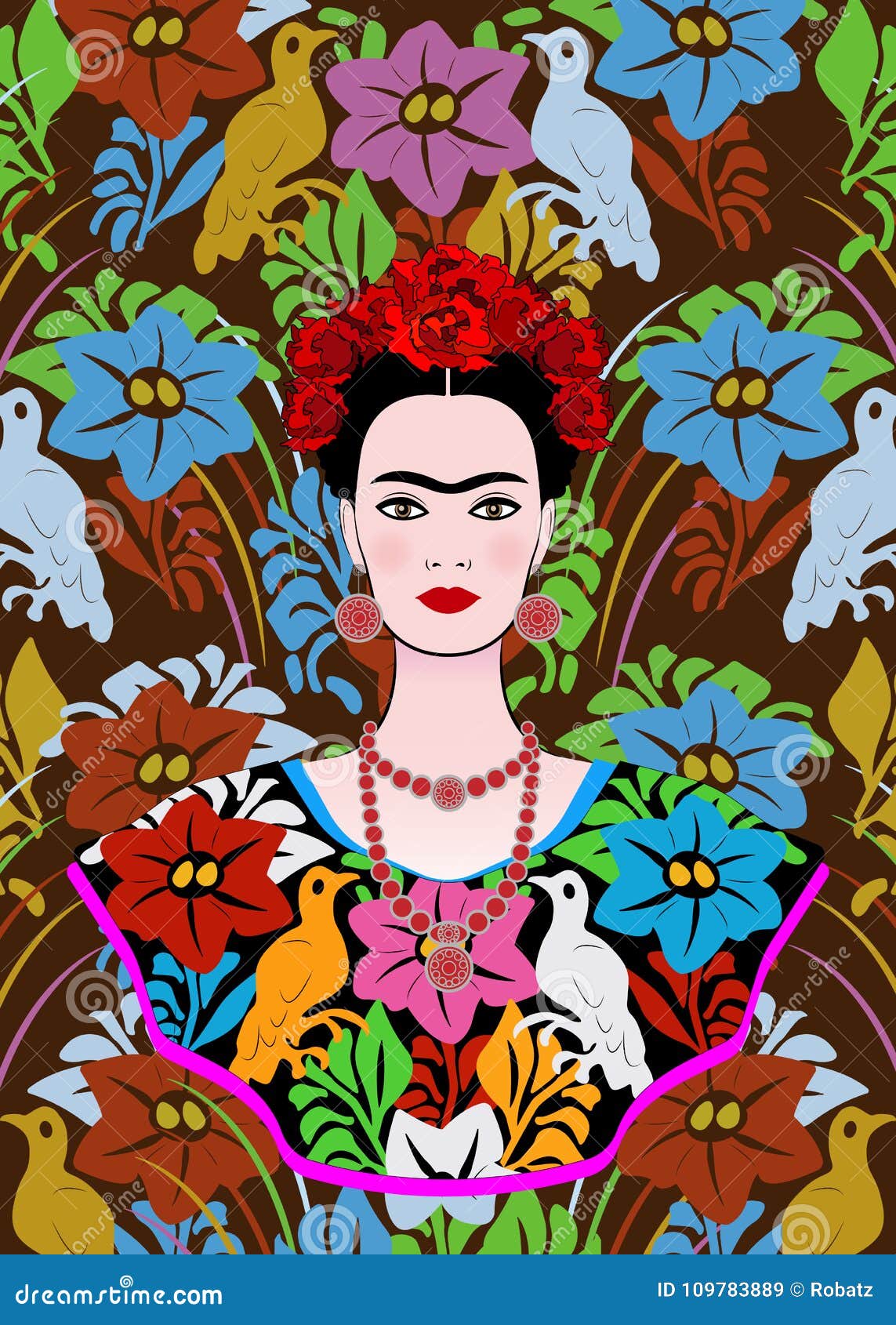 frida kahlo portrait , young beautiful mexican woman with a traditional hairstyle, mexican crafts jewelry and dress