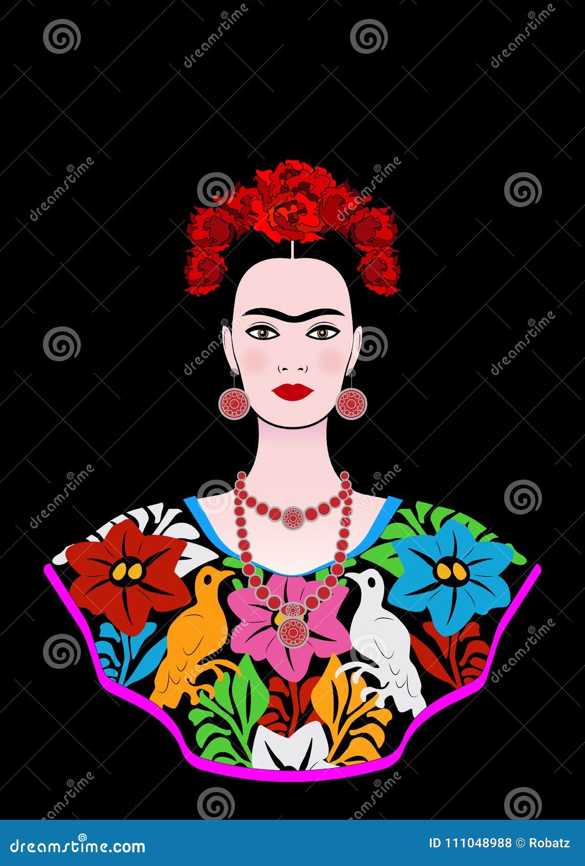 Frida Kahlo Portrait Red Flower, Young Beautiful Mexican 