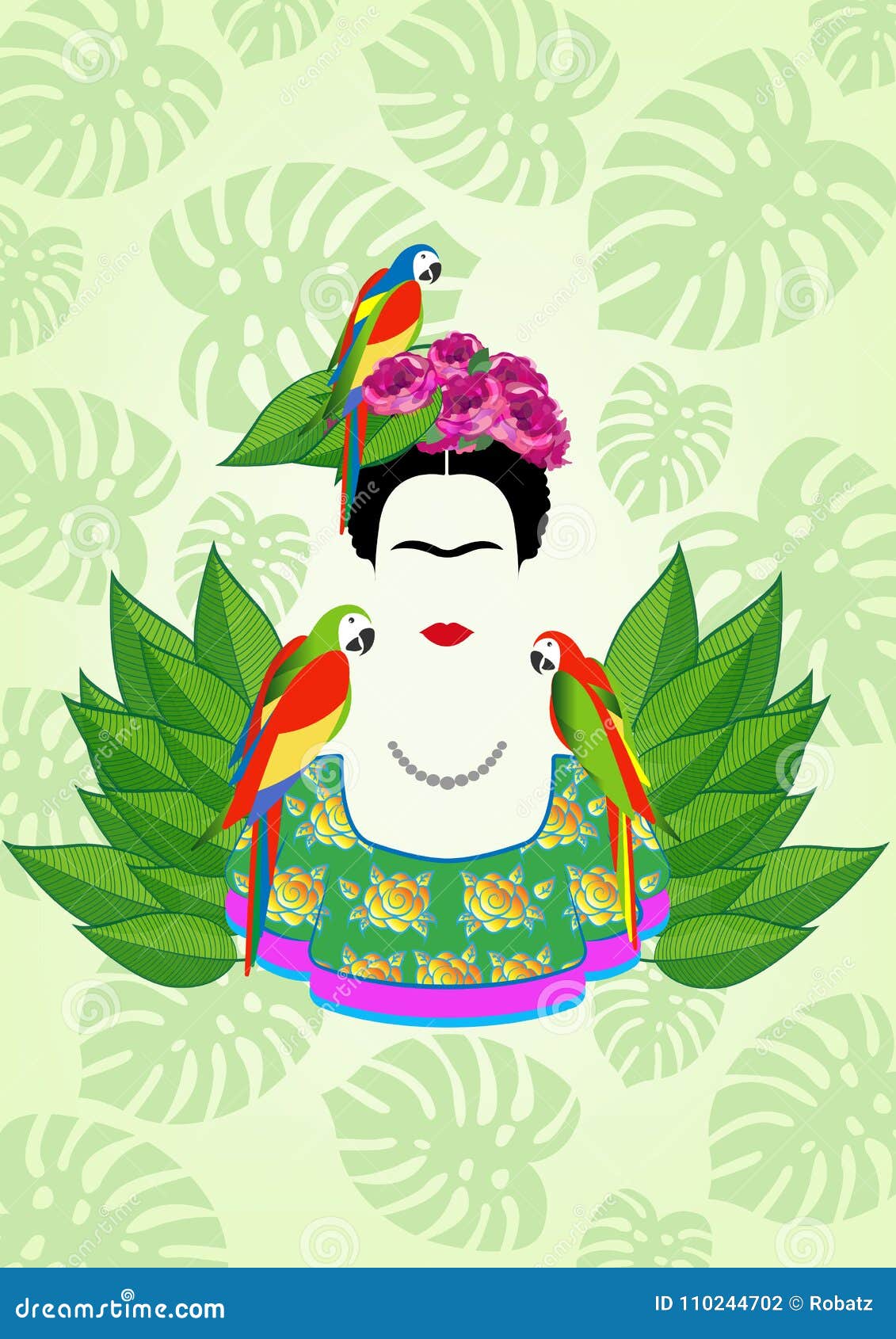 frida kahlo  portrait, graphic interpretation with parrots and exotic floral in the green background