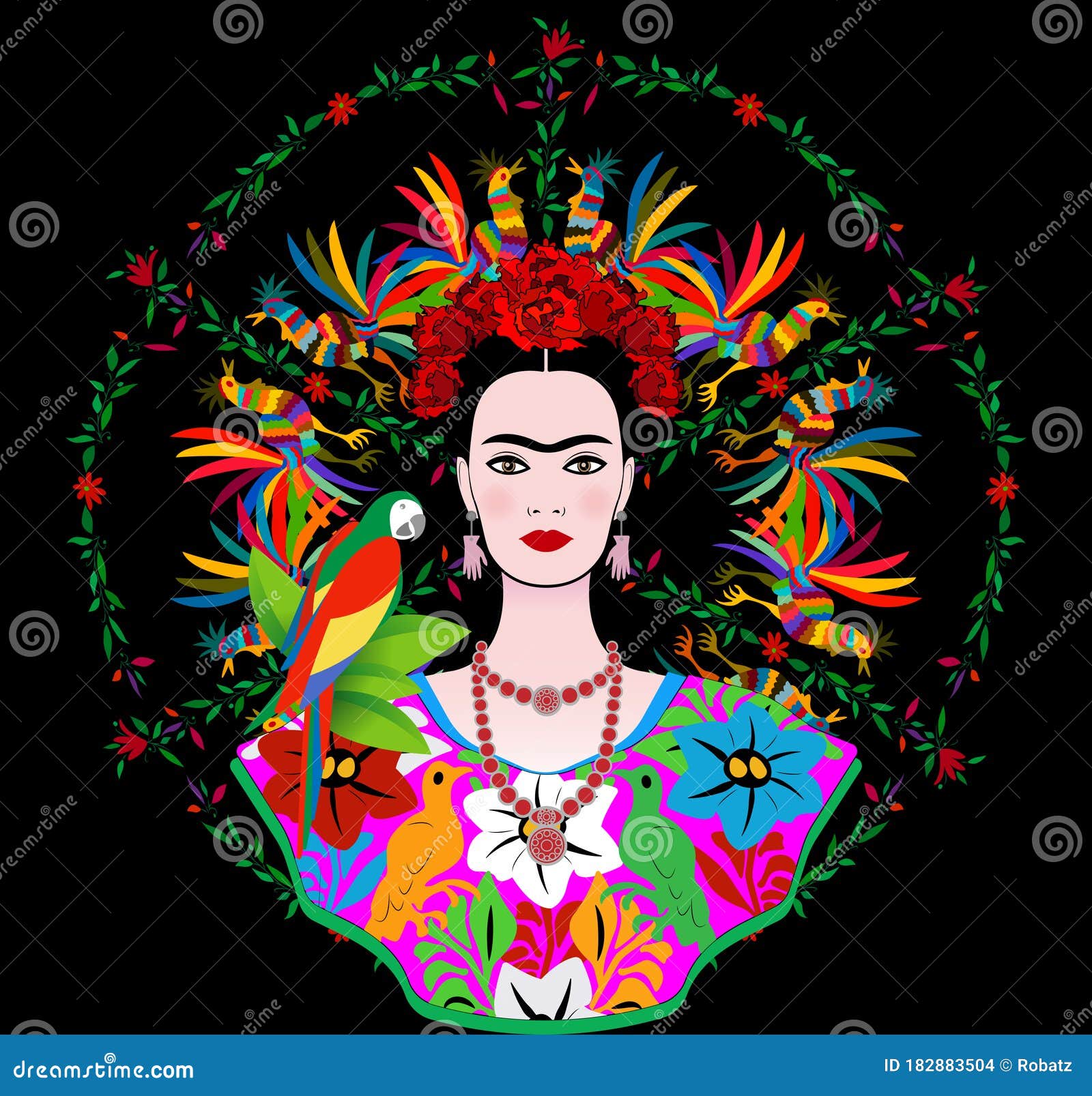 frida kahlo  portrait , young beautiful mexican woman with a traditional hairstyle, mexican crafts jewelry and dress