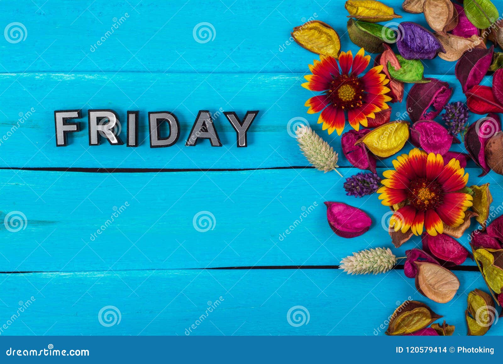 Friday Word on Blue Wood with Flower Stock Photo - Image of bright ...