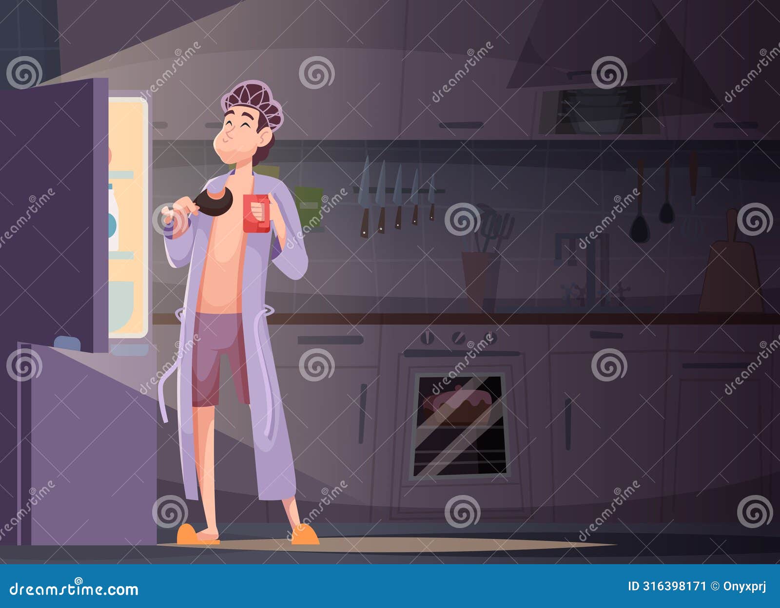 fridge snacking. cartoon background people with bad habits gluttony exact  concept 