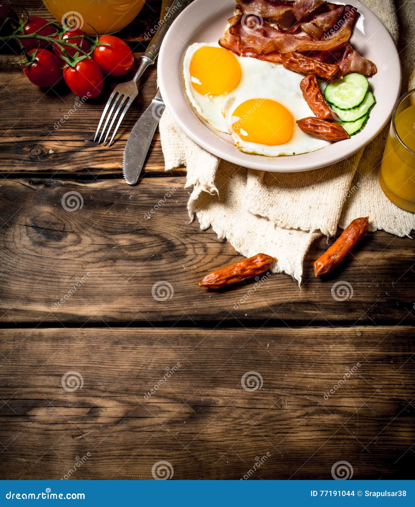 Fried Bacon with Eggs and Orange Juice. Stock Photo Image of bacon