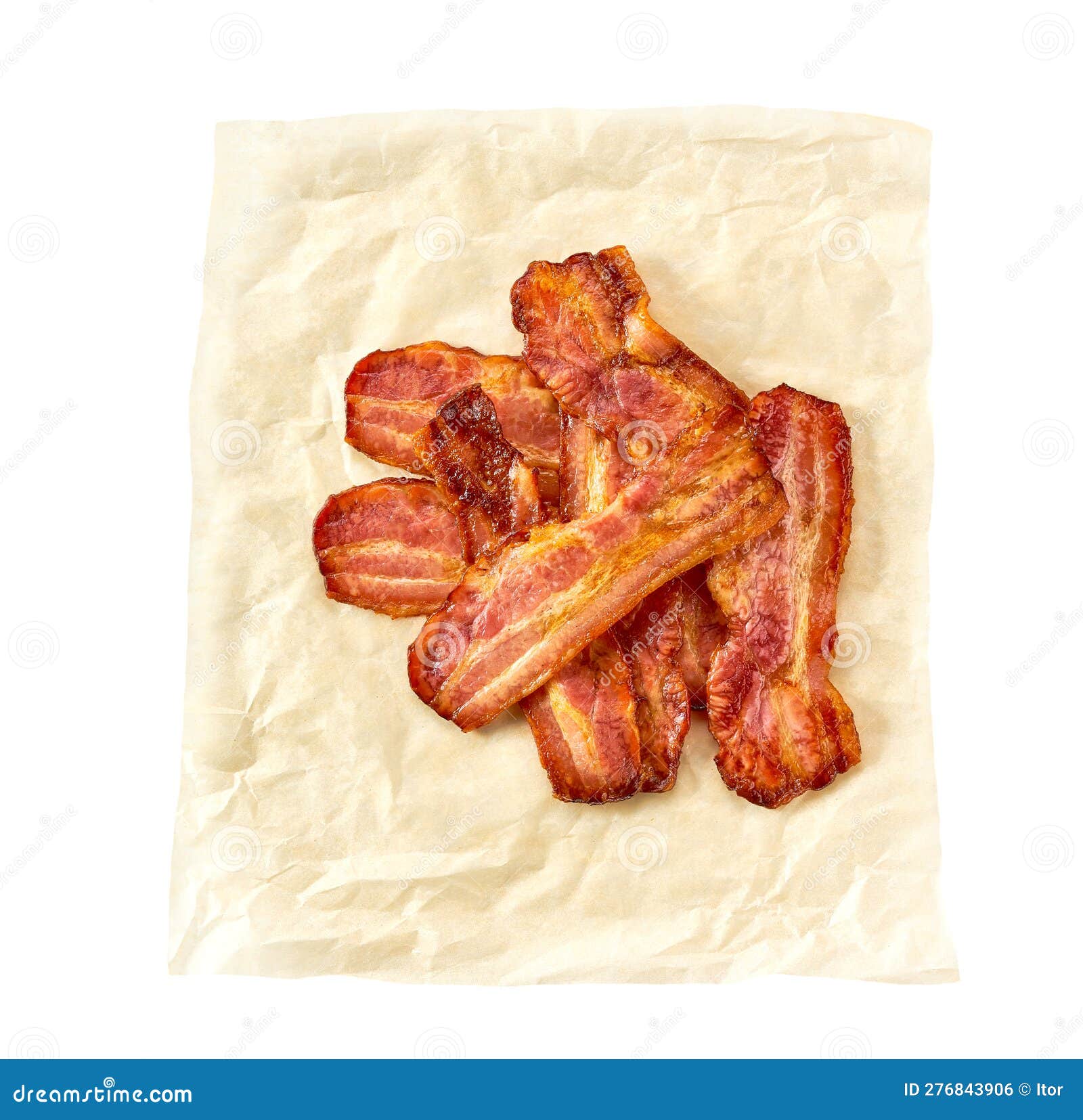 Fried Bacon Strips on a Parchment Isolated on White Background, Top
