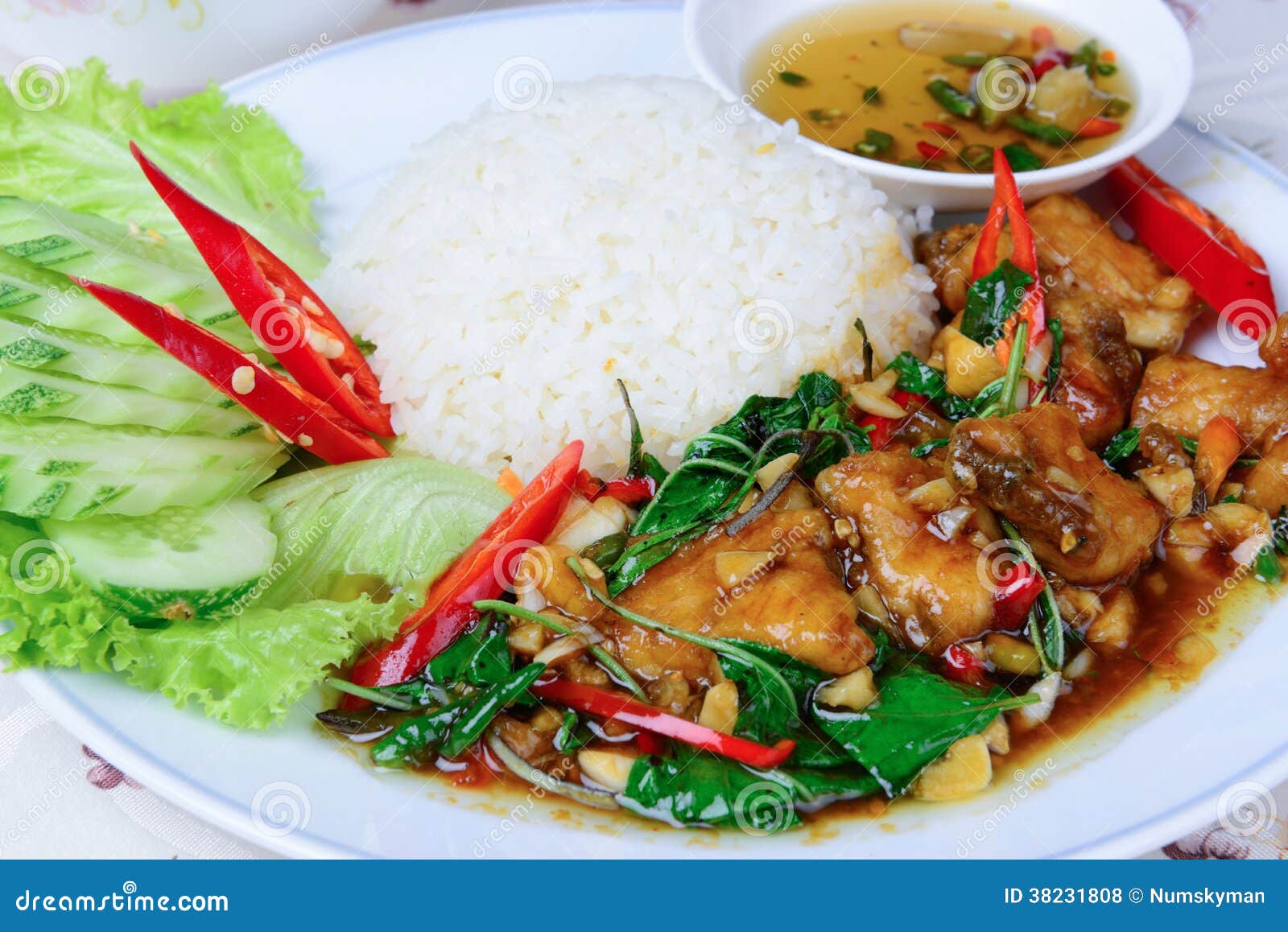 Fried Basil Leave with Snapper Fish on Rice Stock Photo Image of