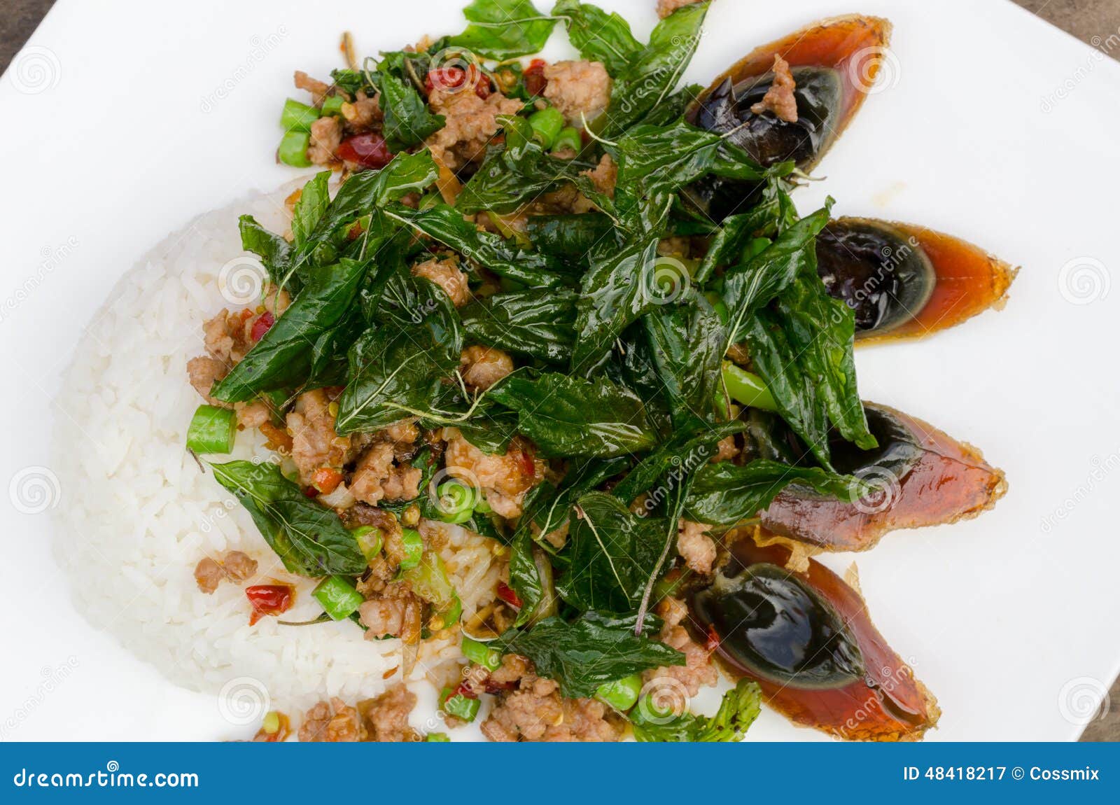 Fried Basil with Pork and Preserved Egg Stock Image Image of chili