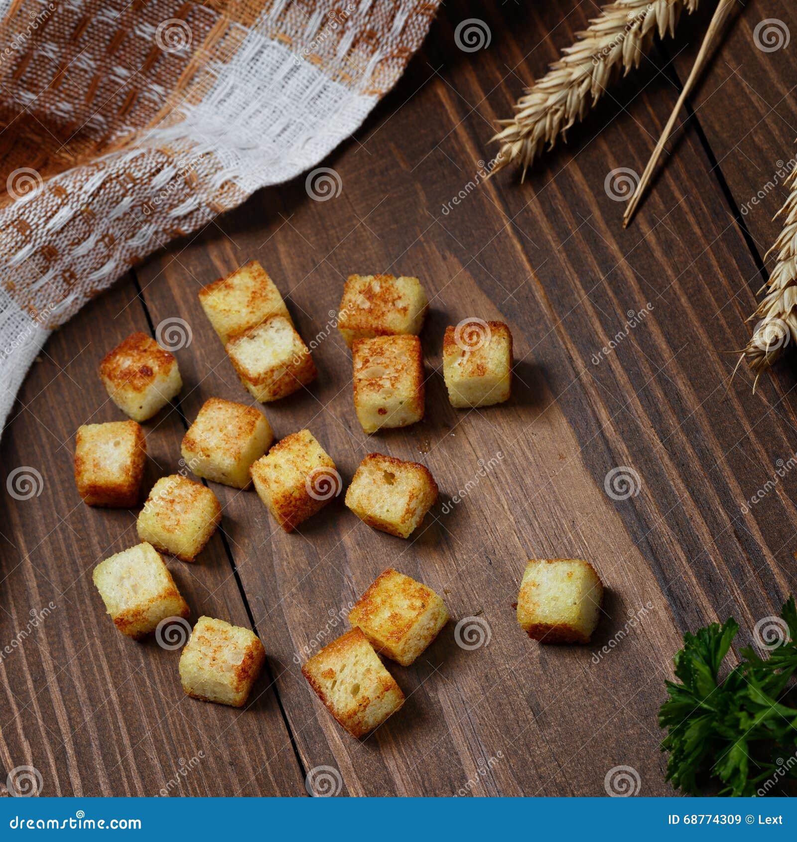 Fried Bread Cut into Cubes Cooking. Stock Image Image of closeup