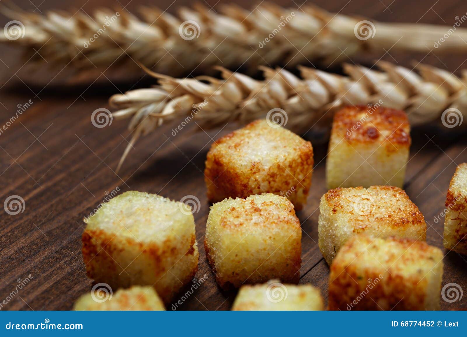 Fried Bread Cut into Cubes Cooking. Stock Photo Image of crisp, baked