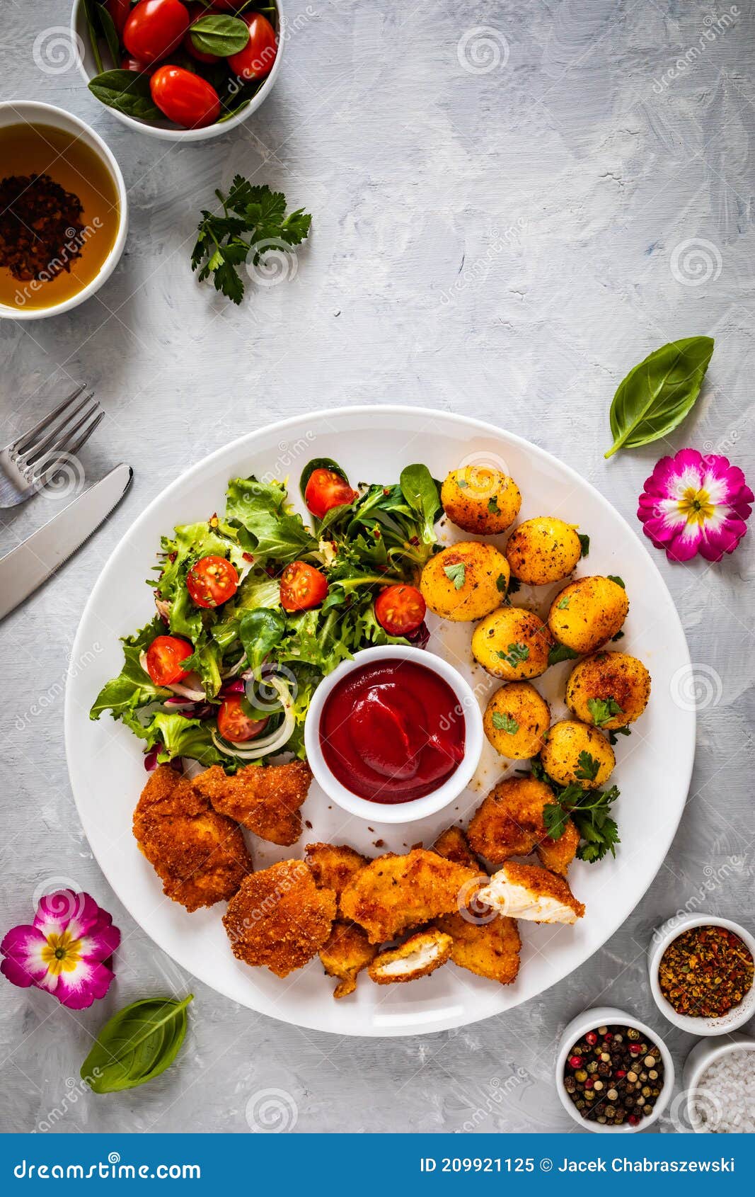 Fried Breaded Chicken Nuggets with Fried Potatoes and Fresh Vegetables Stock Image Image of