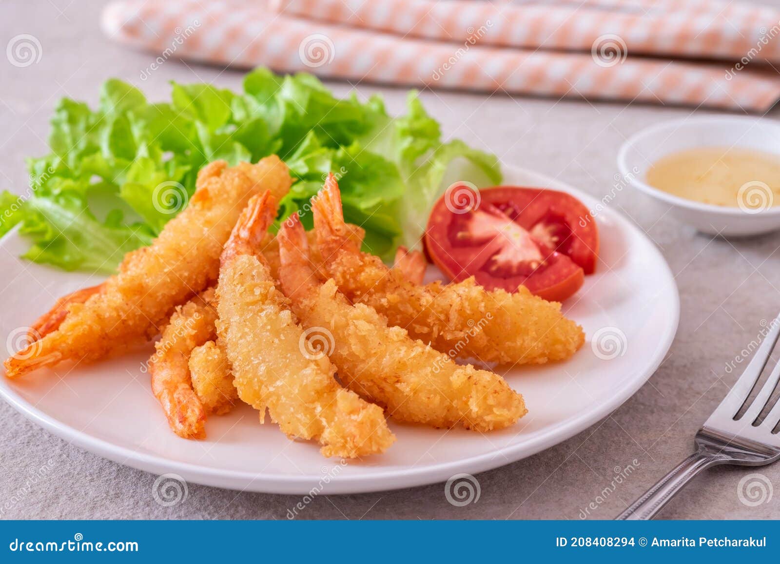 Fried Breaded Shrimp with Vegetable on Plate and Plum Sauce Stock Photo