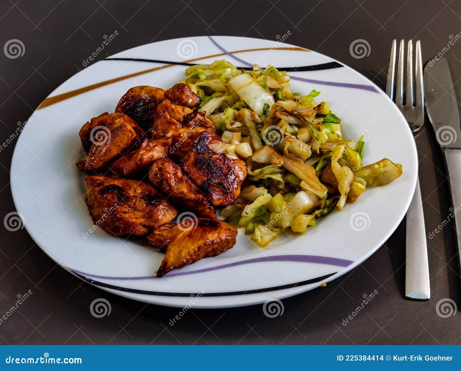 Fried cabbage with chicken stock photo. Image of fish 225384414