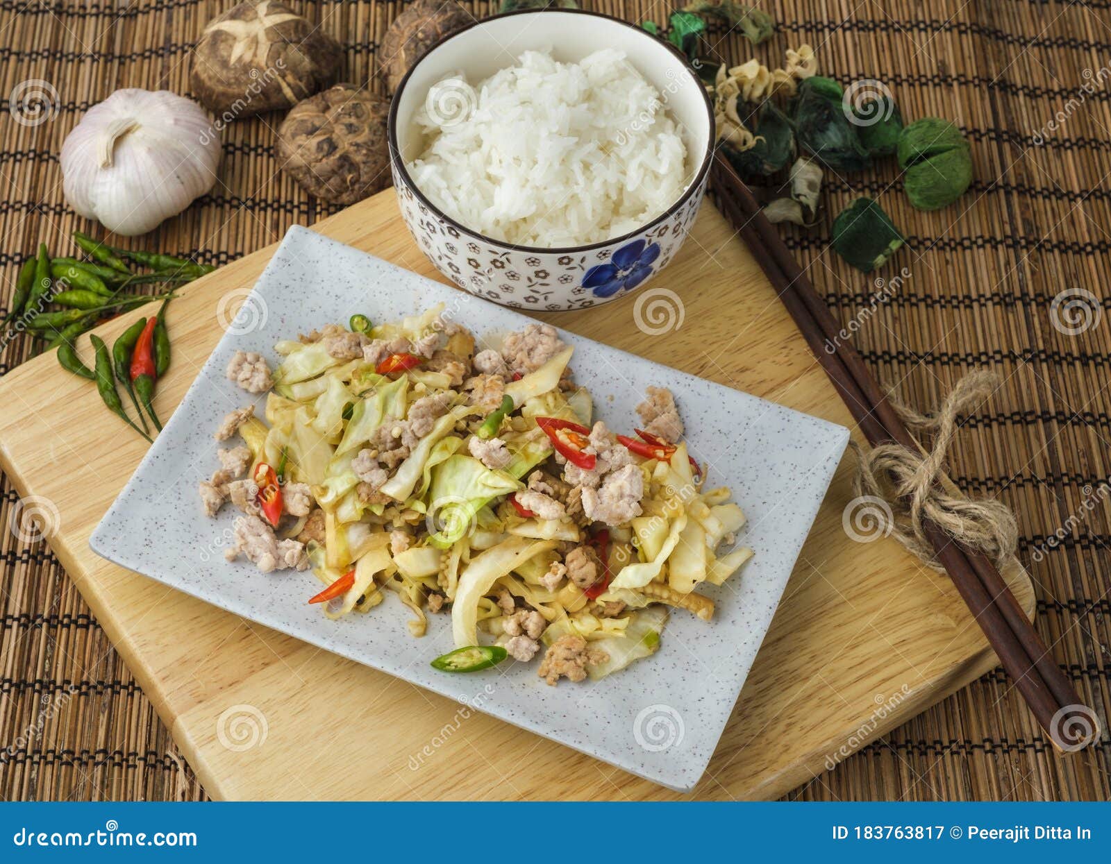 Fried Cabbage with Chicken and Rice Stock Image Image of fried, white