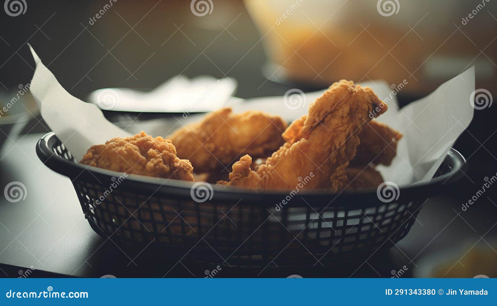 Fried Chicken in a Basket on the Table. Selective Focus Stock