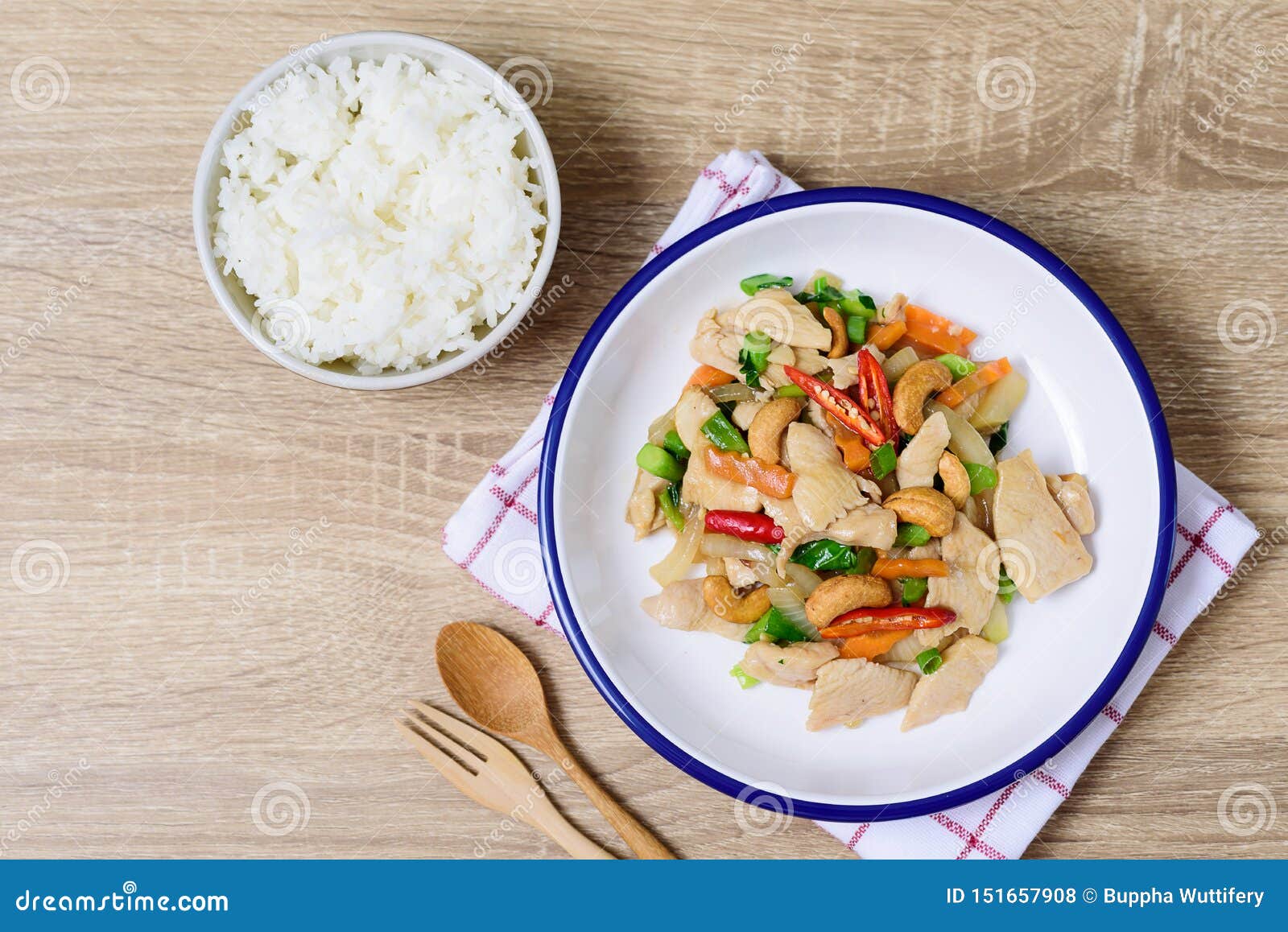 Fried Chicken with Cashew Nut and Rice Stock Photo - Image of meat