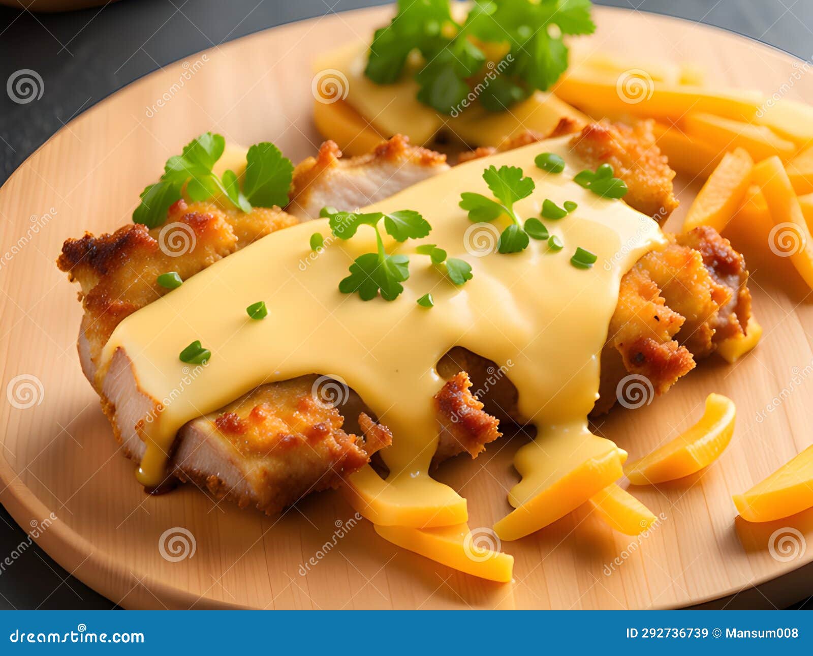 Fried Chicken with Cheese, Vegetables and Sauce Stock Illustration