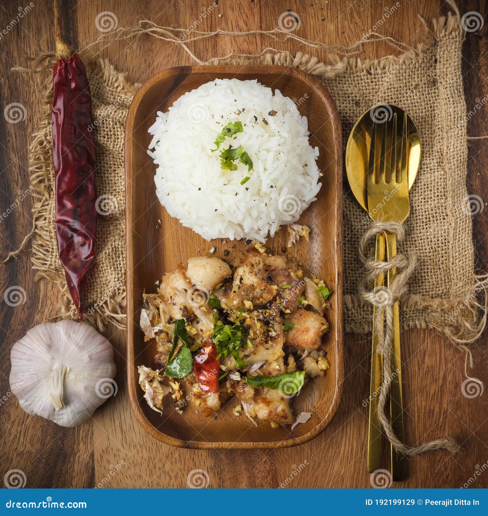 Fried Chicken with Garlic and Pepper with Rice. Thai Dish Stock Image