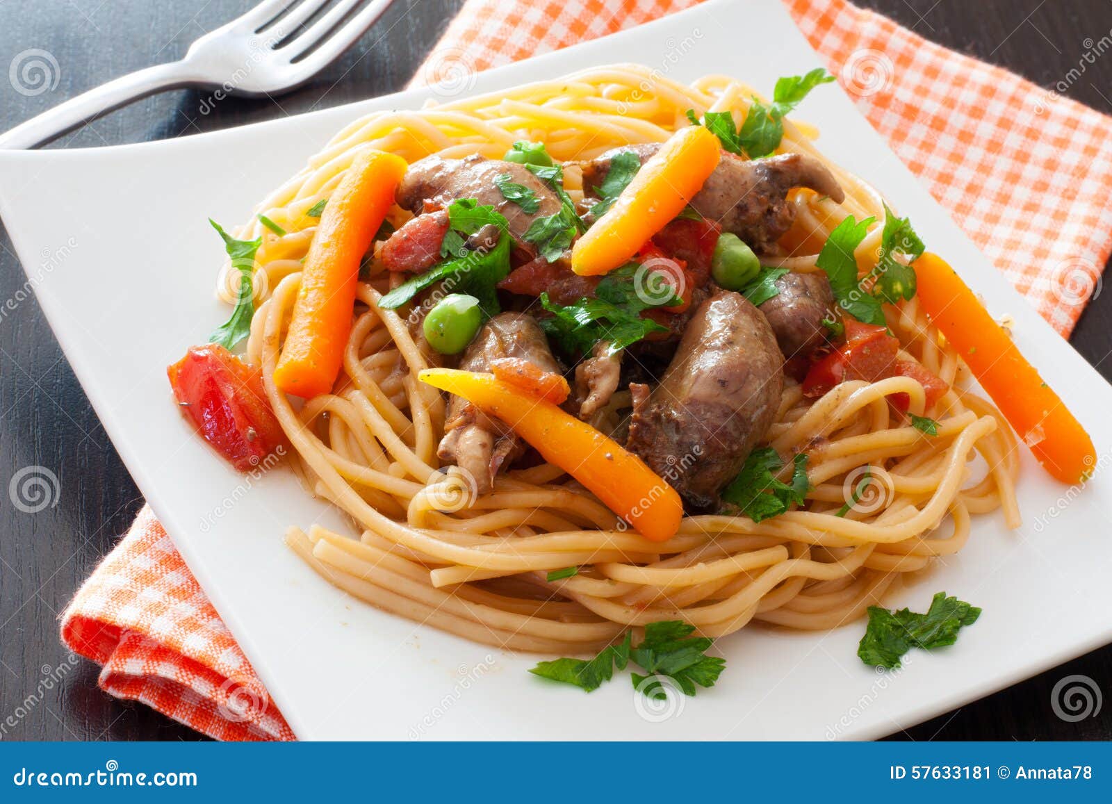 Fried Chicken Hearts , Pasta and Vegetables Stock Image Image of fork