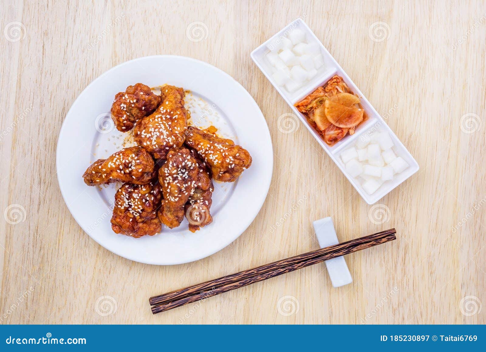 Fried Chicken with Kimchi Korean Food Stock Image - Image of dish