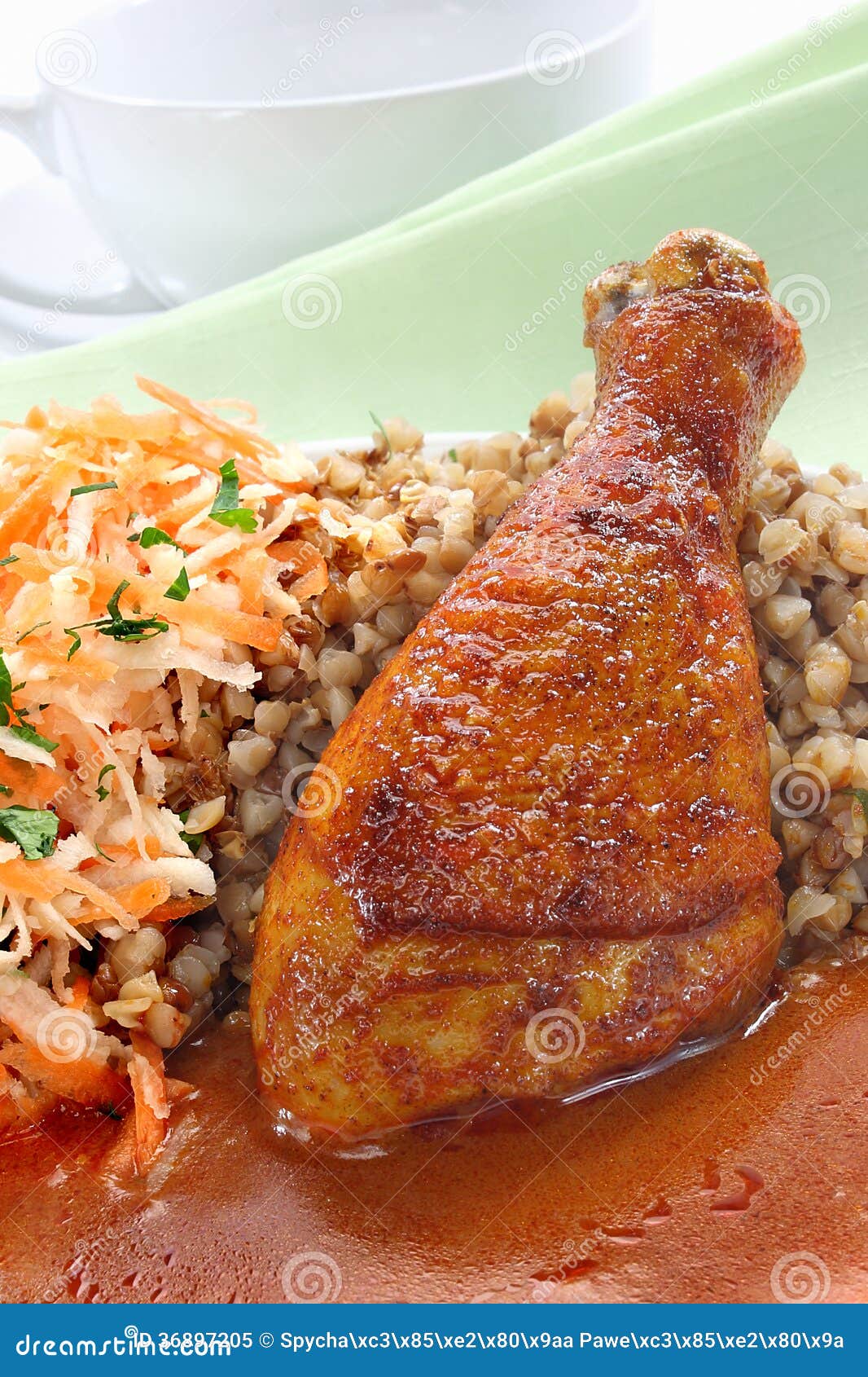 Fried Chicken Leg with Buckwheat Stock Image Image of fried
