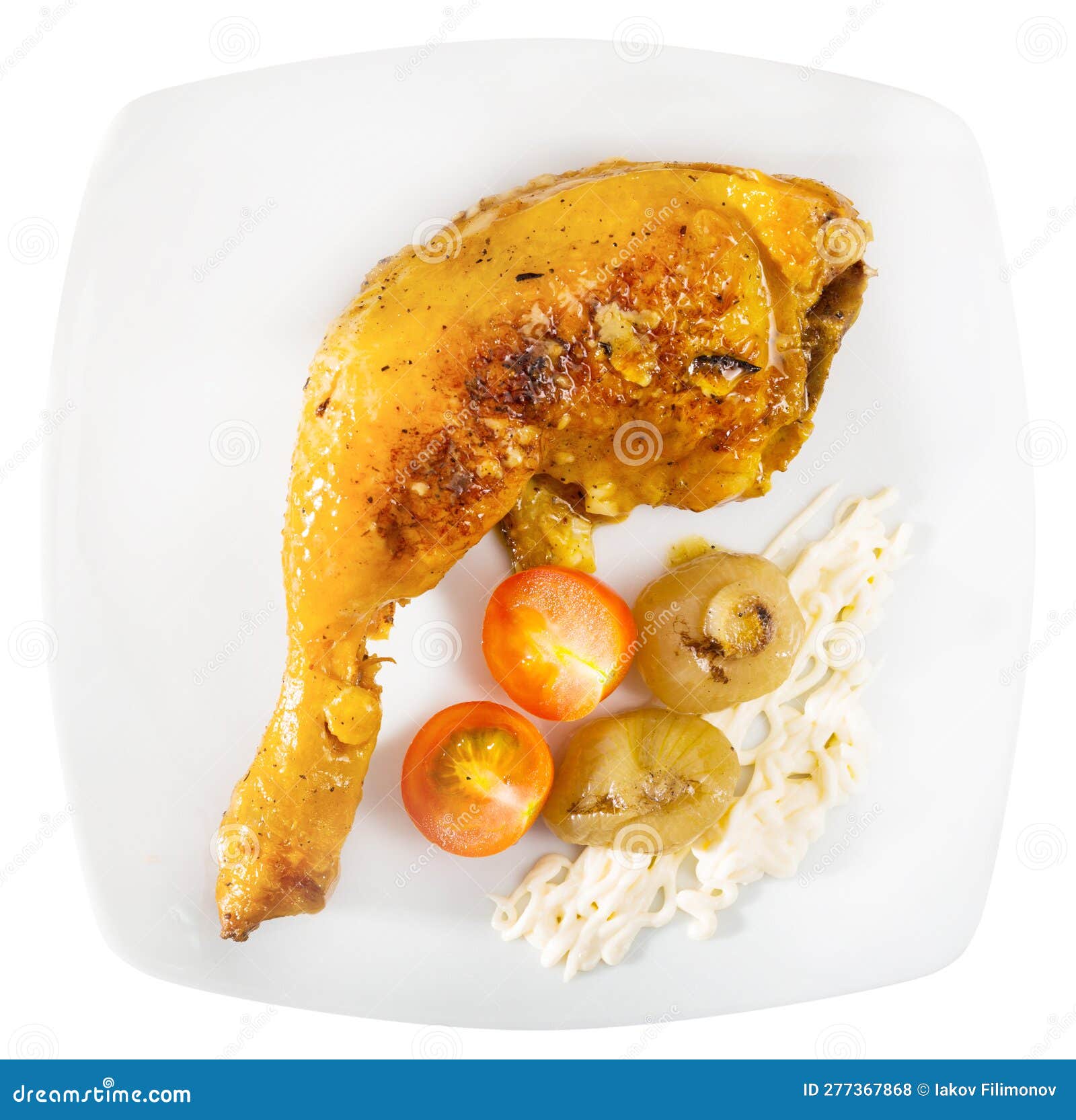 Fried Chicken Legs with Baked Onions and Sauce Stock Photo Image of