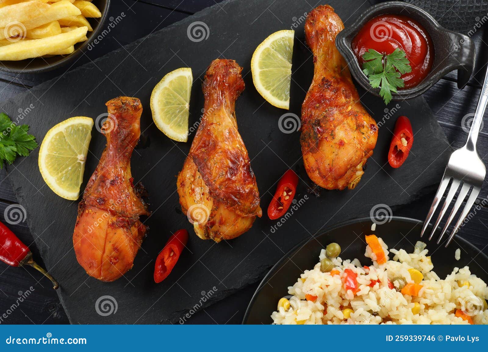 Fried Chicken Legs with Chili Pepper and Lemon Stock Photo Image of
