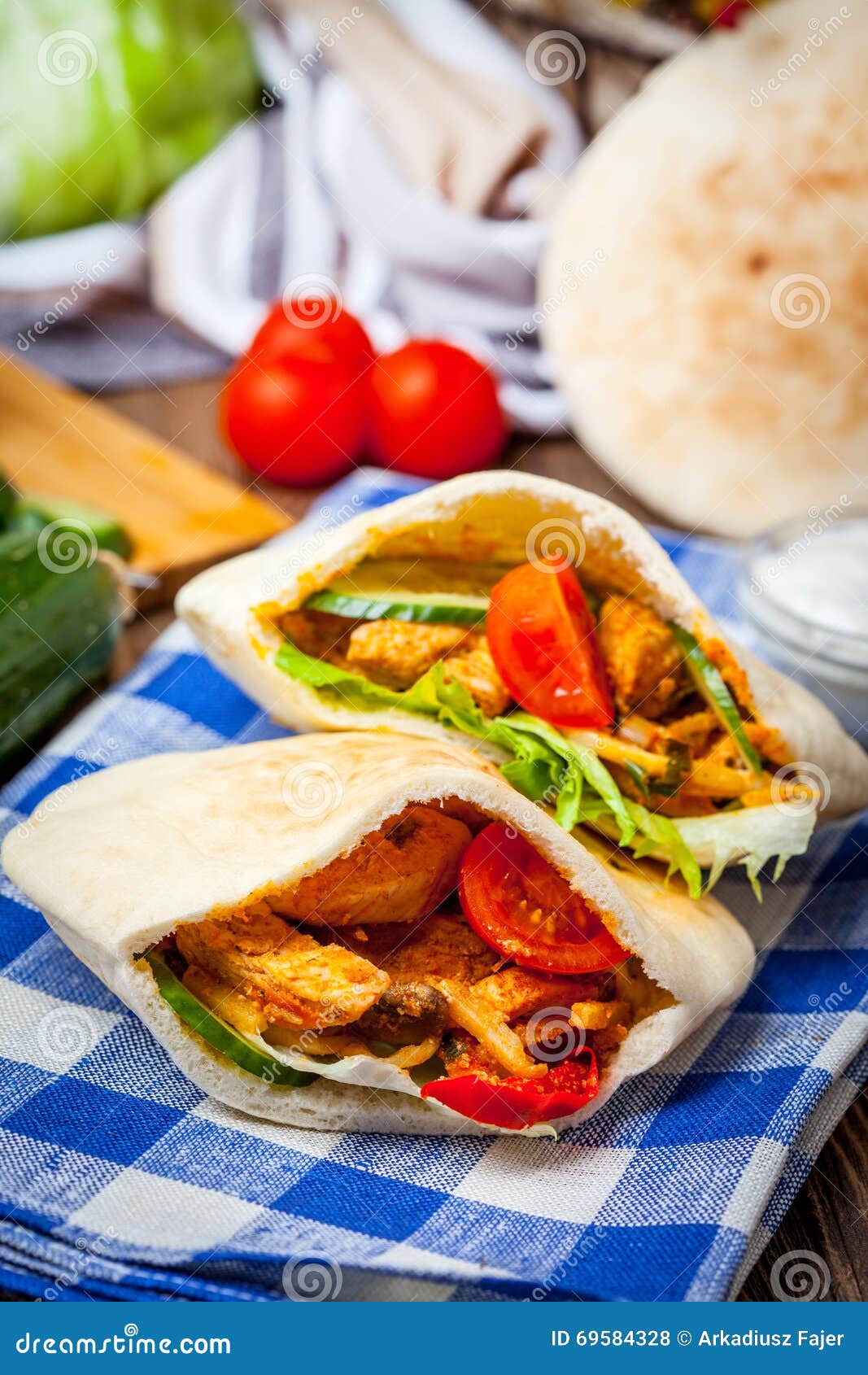 Fried Chicken Meat with Vegetables in Pita Bread Stock Photo Image of