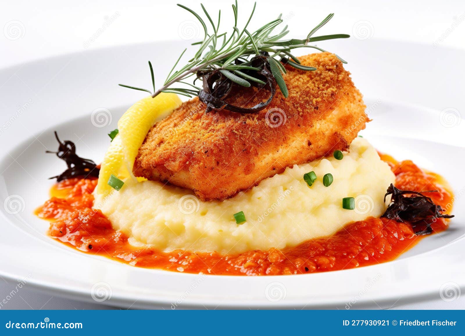 Fried Chicken Served with Polenta and Sauce. Generative AI Image. Stock