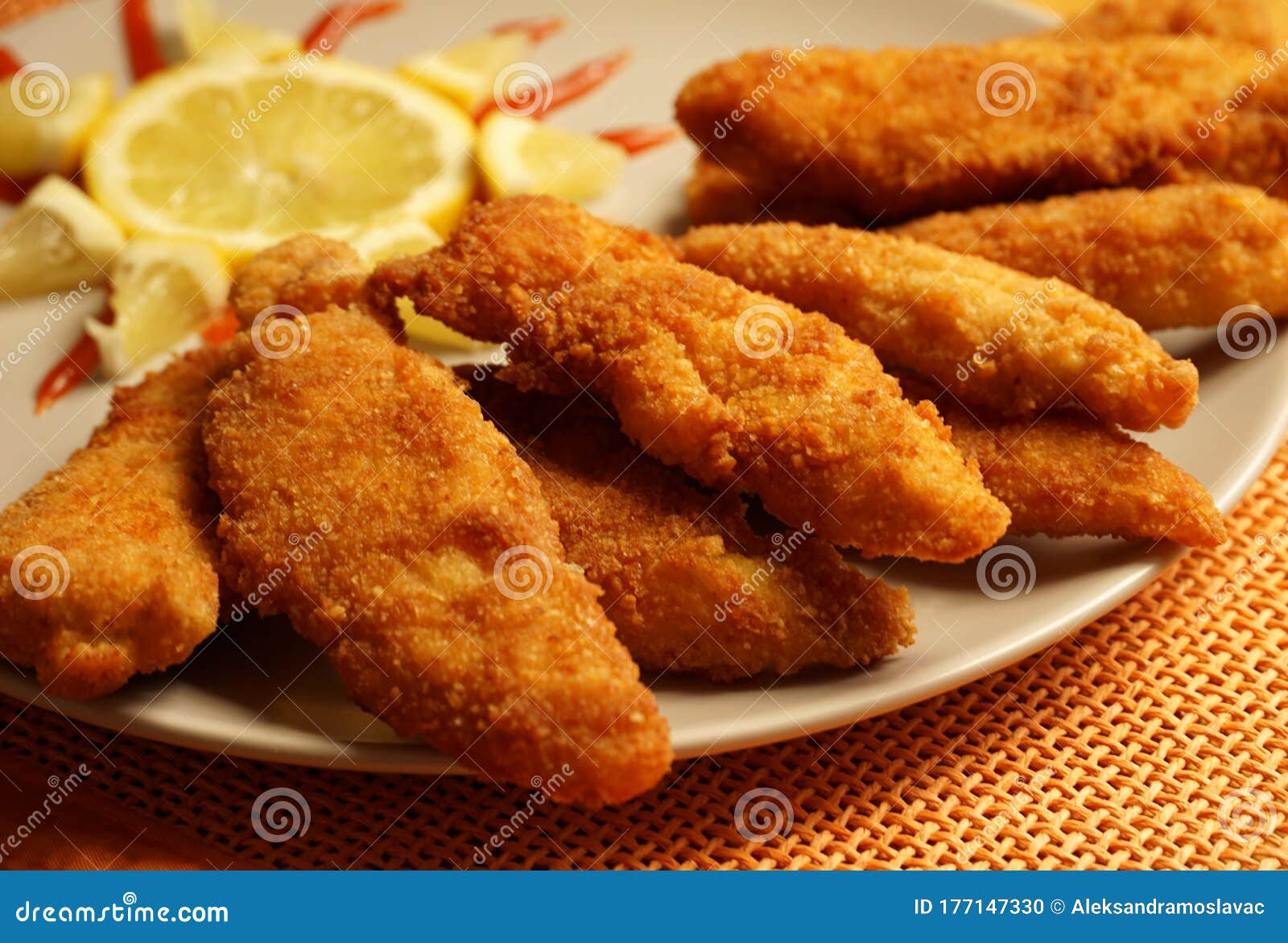 Fried Chicken Sticks, Deep Fried Breaded Chicken Pieces Close Up Stock