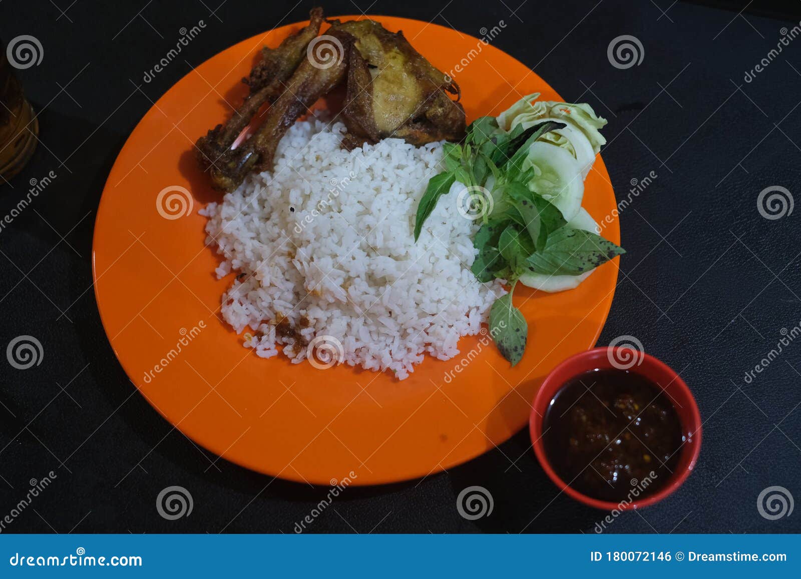 Fried Chicken with White Rice and Vegetables Stock Photo Image of