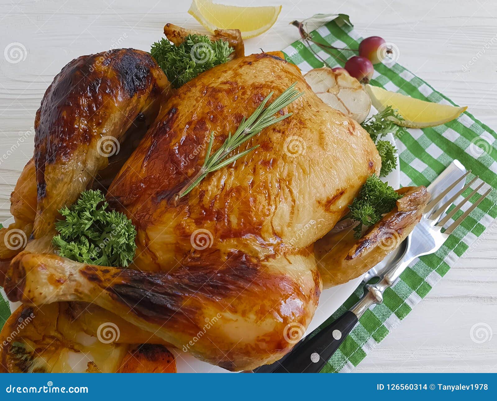 Fried Chicken Whole Plate , Garlic, Greens On A Wooden Background Stock ...