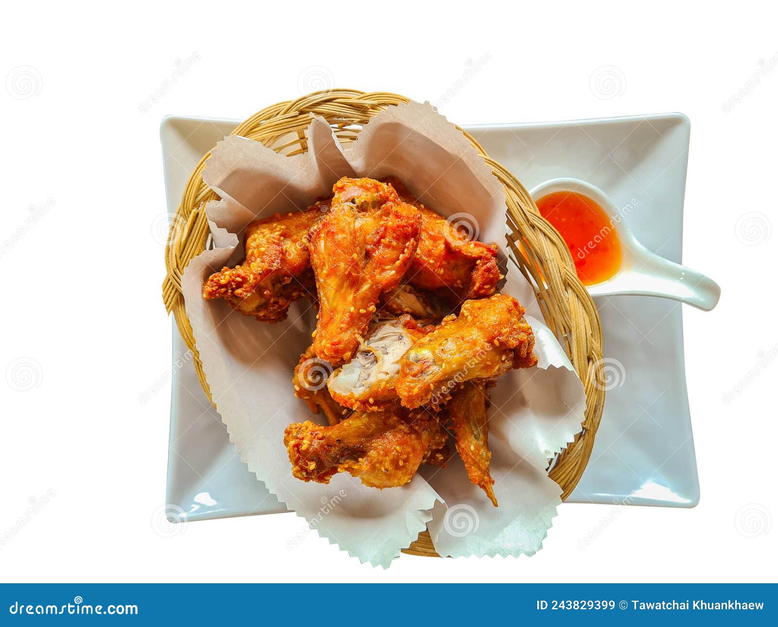 Fried Chicken Wings in a Basket on Isolated White Background Stock