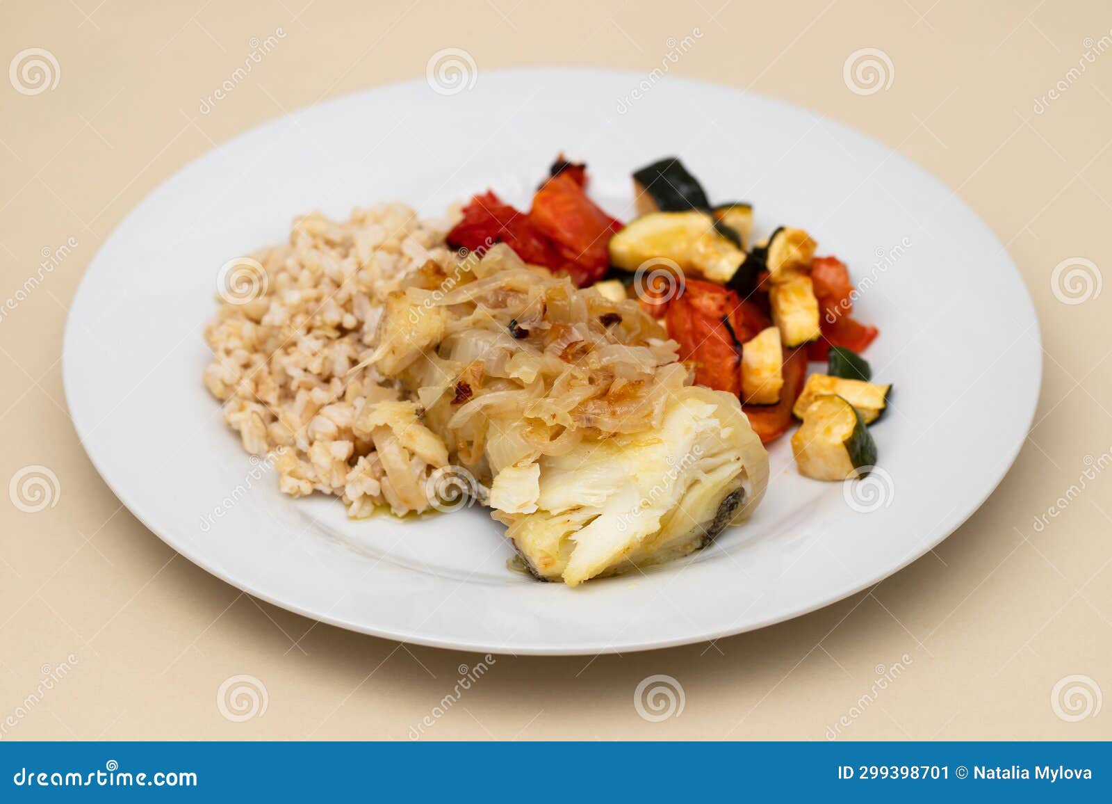 Fried Cod Fish with Onion, Vegetables, Rice and Olive Oil on Plate ...