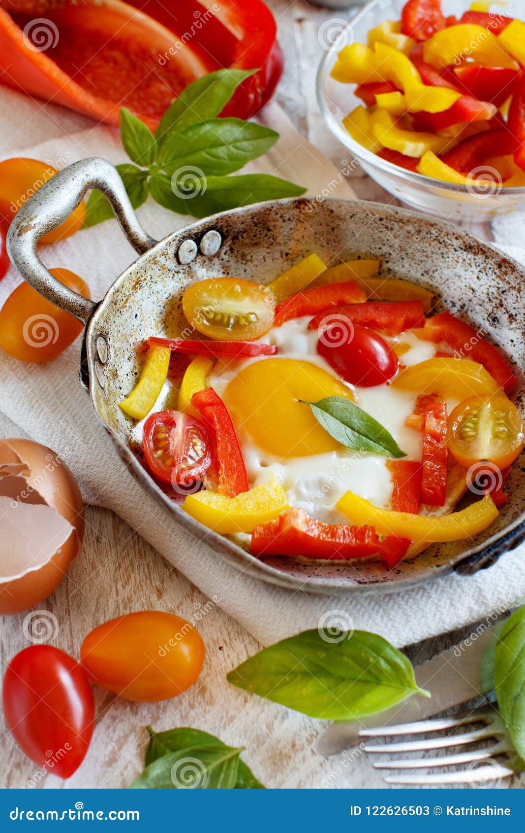 Fried Egg with a Bell Pepper and Tomatoes Stock Image Image of close