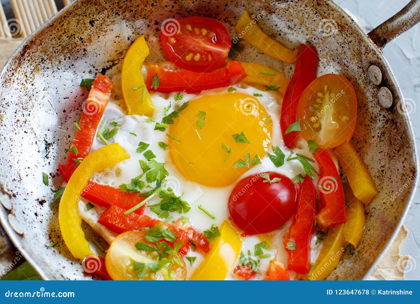 Fried Egg with a Bell Pepper and Tomatoes Stock Photo Image of frying
