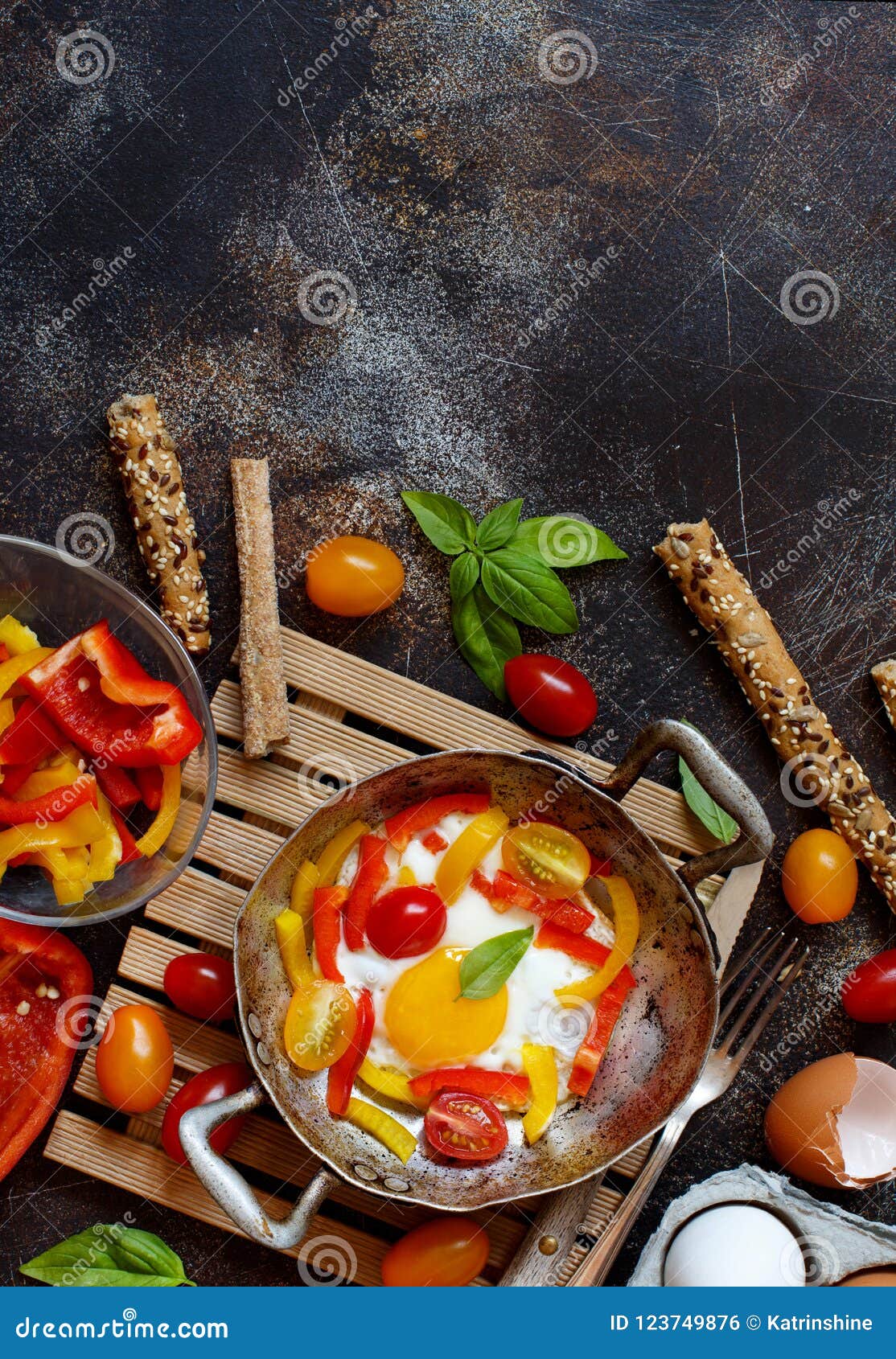 Fried Egg with a Bell Pepper and Tomatoes Stock Photo Image of copy