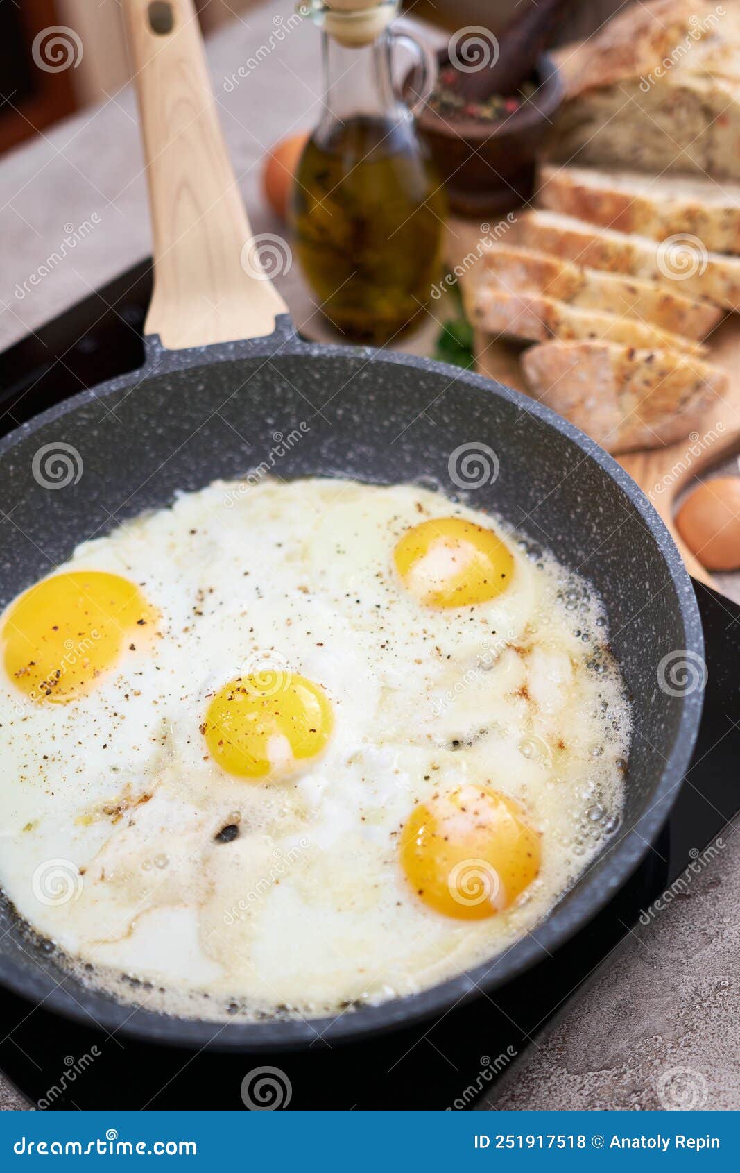 Fried Egg in Cast Iron Frying Pan on Black Induction Hob Stock Photo Image of morning