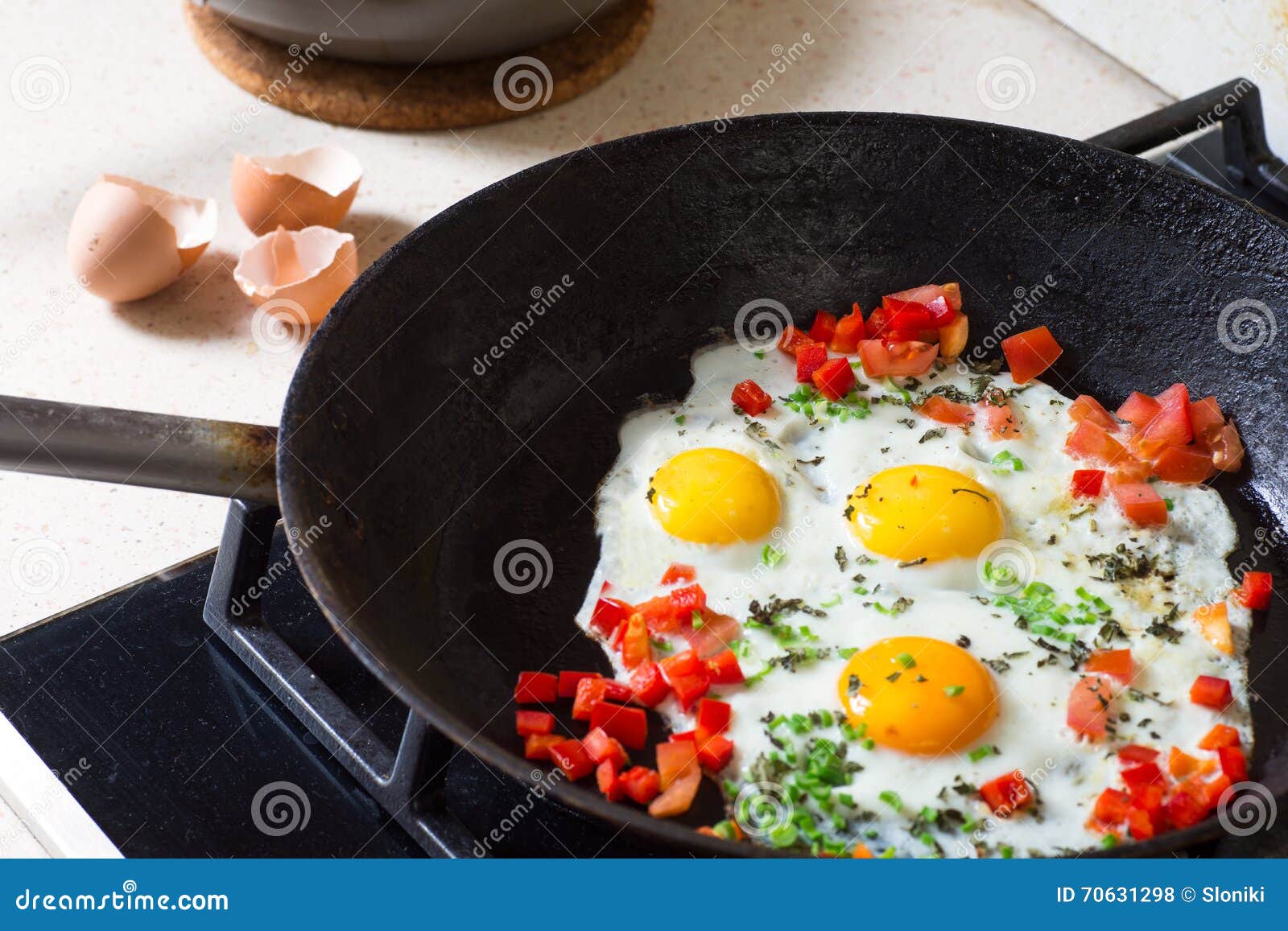 Fried Egg, Pepper, Basil and Onion on a Pan Stock Photo Image of