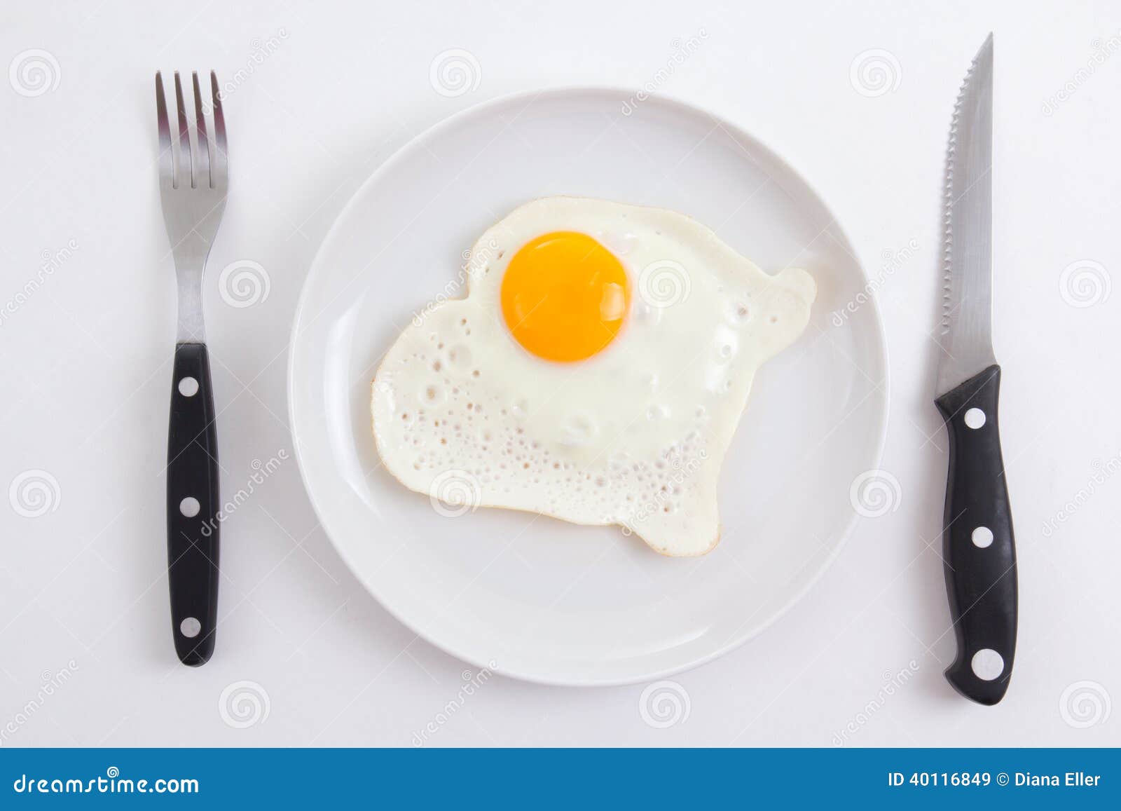 Fried Egg in Plate with Fork and Knife Over White Stock Image Image