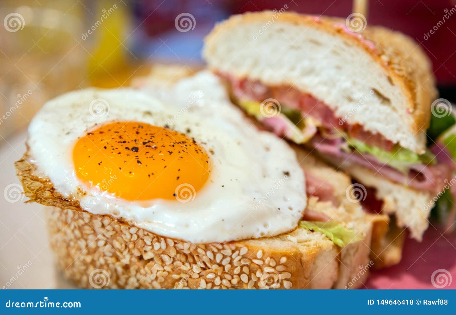Fried Egg Sandwich with White Bread. Healthy Breakfast, Closeup View