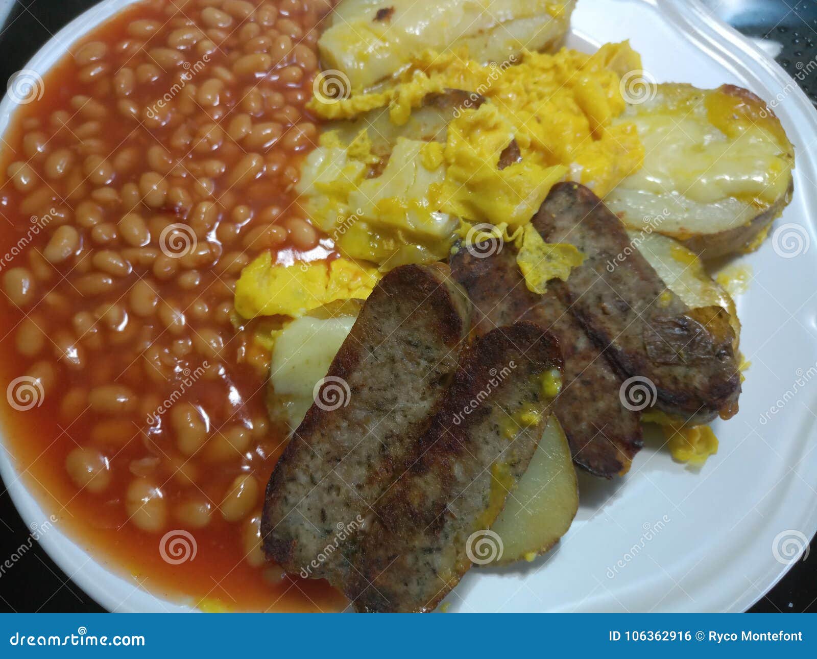 Jacket Potato and Sausages with Beans Stock Photo Image of jacket