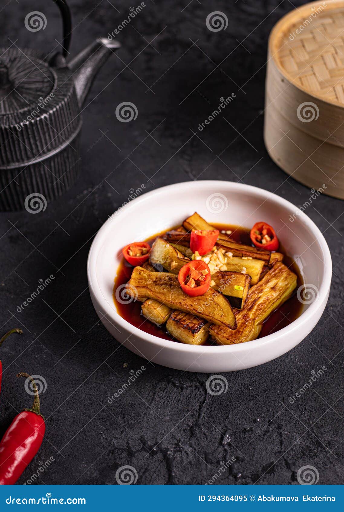 Fried Eggplant in Soy Sauce with Garlic Side View Stock Image Image