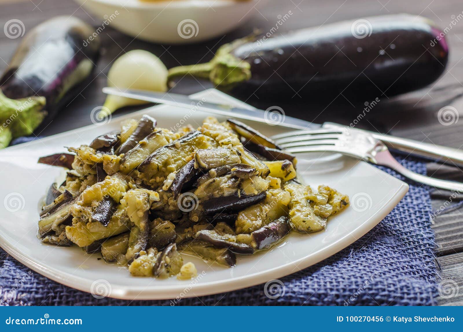 Fried Eggplants with Garlic Stock Photo Image of sliced, plate 100270456