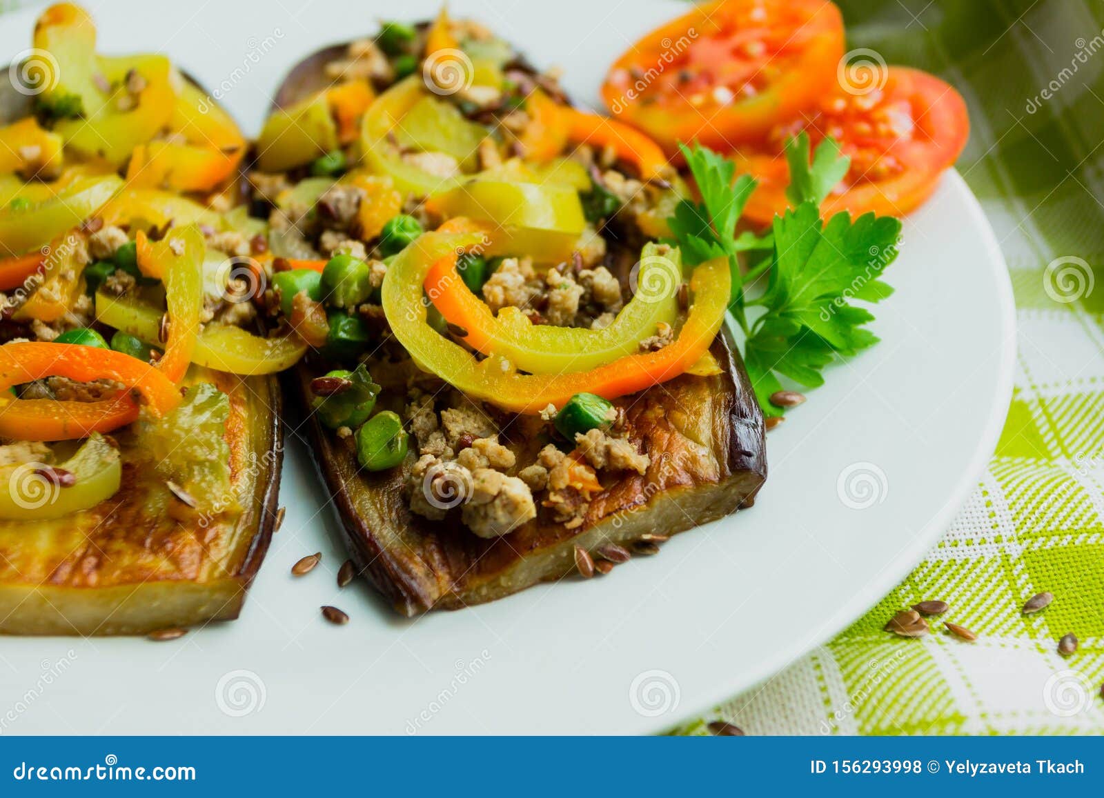 Fried Eggplants with Minced Meat and Different Vegetables, Flaxseed