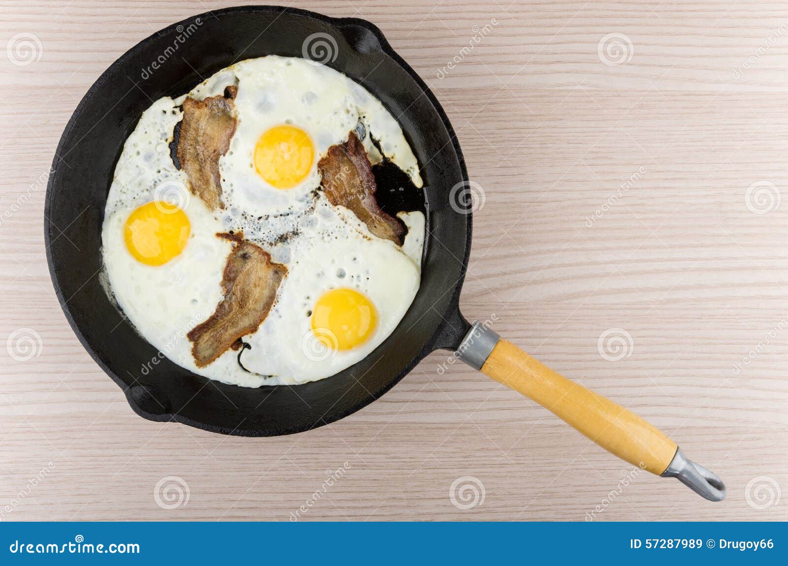 Fried Eggs and Bacon in Cast Iron Skillet on Table Stock Image Image