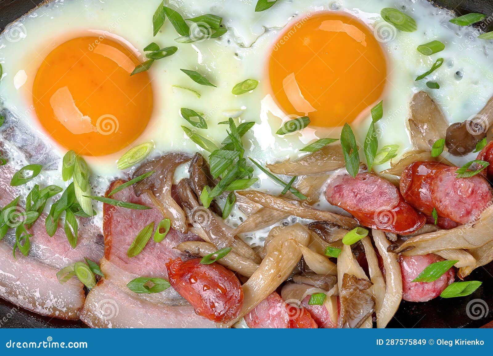 Fried Eggs with Bacon, Sausage and Greens Stock Image - Image of fresh ...